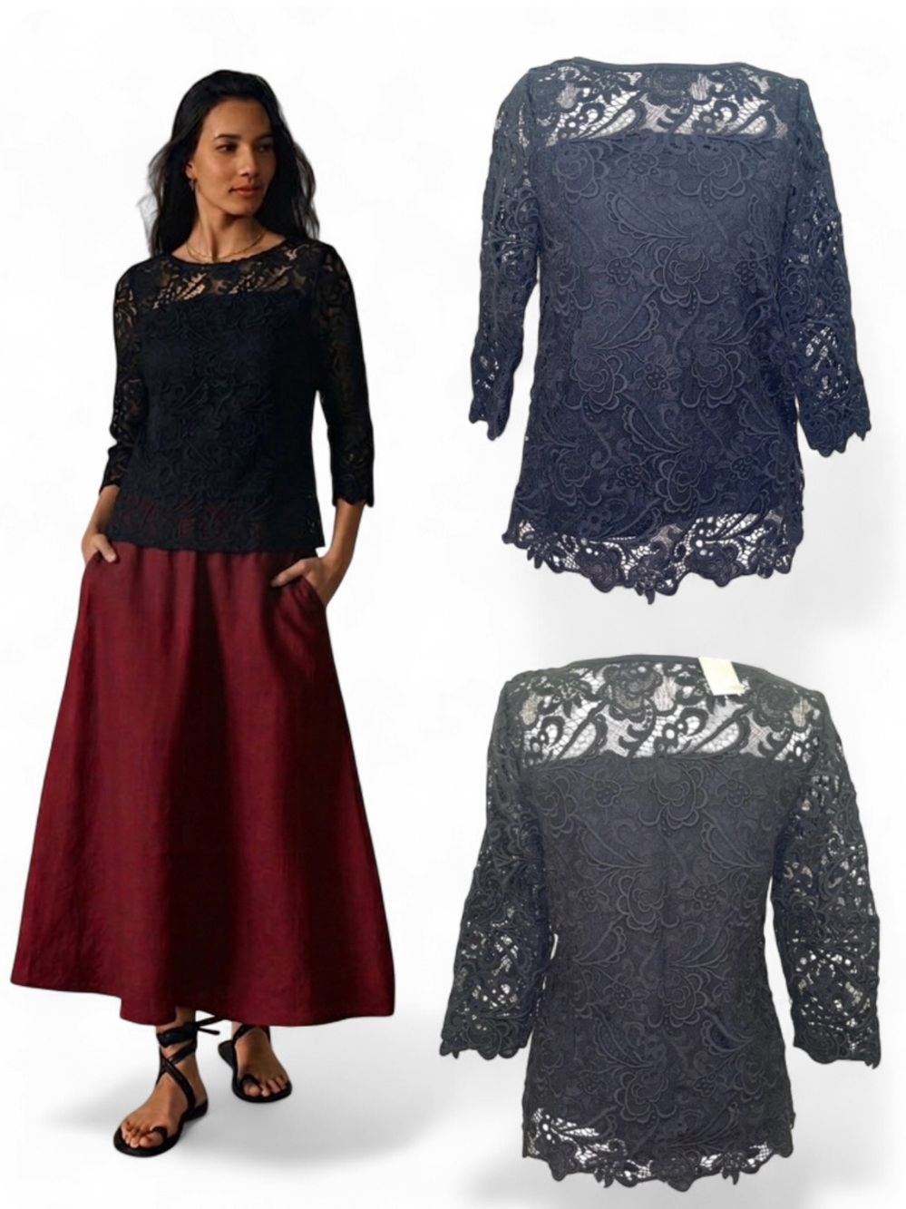 J. Jill NWT Black Lace Boat Neck Top Size XS Dark Romantic Regal Elegant Evening